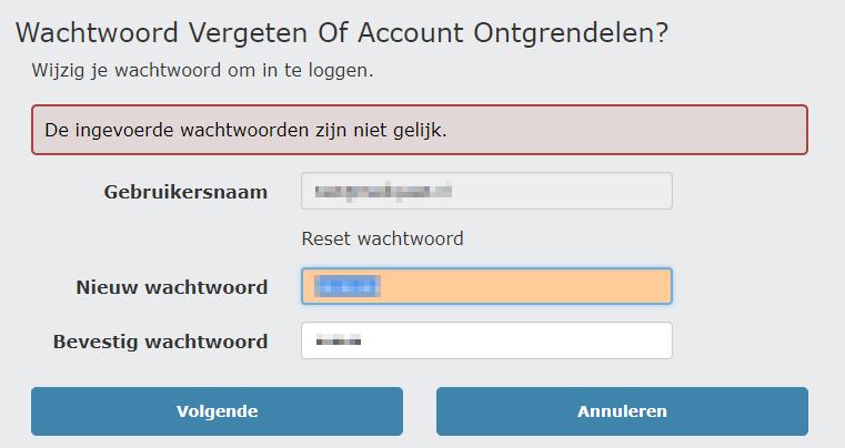 Melding: Ingevoerde wachtwoorden komen niet overeen Wanneer de twee nieuwe wachtwoorden niet overeenkomen, verschijnt