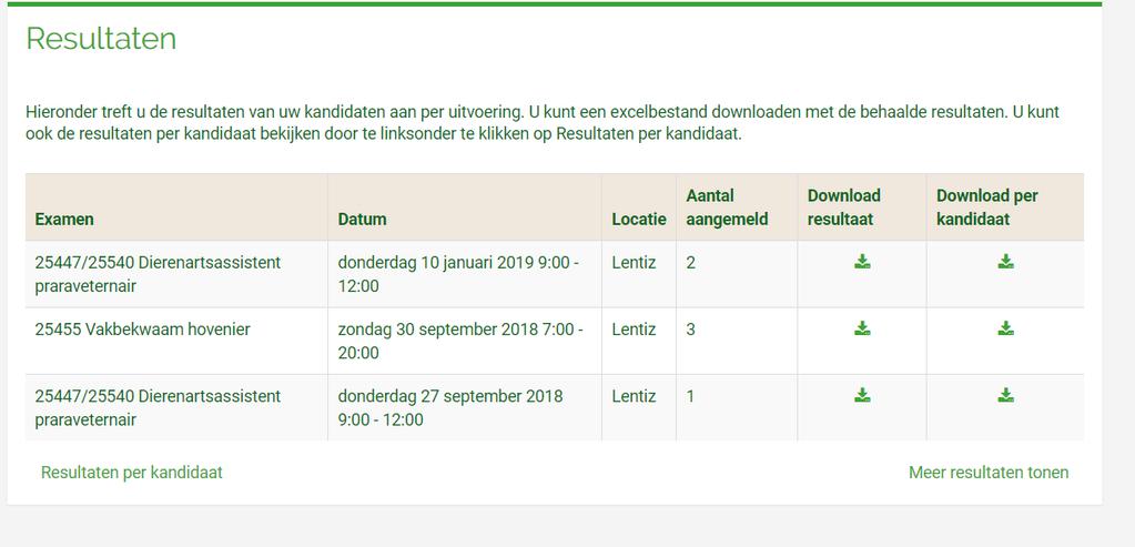 6. Resultaten downloaden In het dashboard kunnen de resultaten van een gehele groep kandidaten of per kandidaat worden gedownload: Klik bij Download resultaat bij het