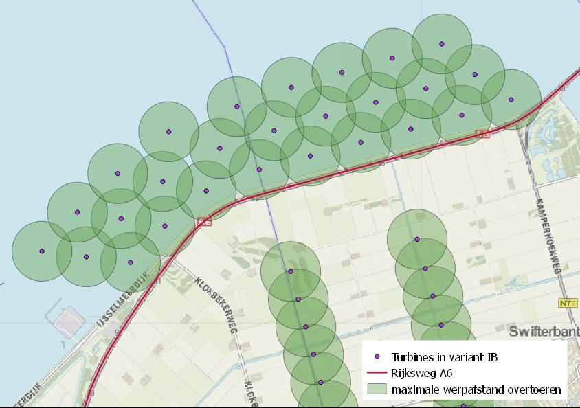 18 Figuur 10. Rijksweg A6 We hebben de kans per jaar berekend dat een tankwagen met gevaarlijke stoffen getroffen wordt door een onderdeel van een turbine, en de toename op de ongevalsfrequentie.