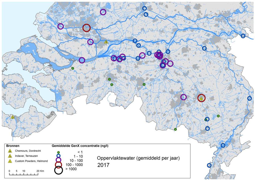 Figuur 22 Overzicht van de gemiddelde gemeten gehalten aan GenX-stoffen in het oppervlaktewater in 2017 en 2018.