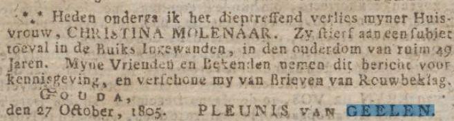 2. Pleunis, gedoopt te Schoonhoven op 15 mei 1763, zilversmid (1791), lid der municipaliteit van Gouda, baljuw, politiemeester, commissaris v.