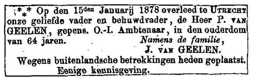 Pieter, gedoopt te Woerden op 22 apr 1810, 1e onderwijzer Gouvernements Lagere School (1846), lid wees- en boedelkamer te Padang (1858) medeoprichter van vrijmetselaarsloge "Mata Hari" in Padang