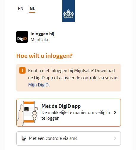 U ziet het volgende scherm: Klik op de oranje balk Inloggen met DigiD.