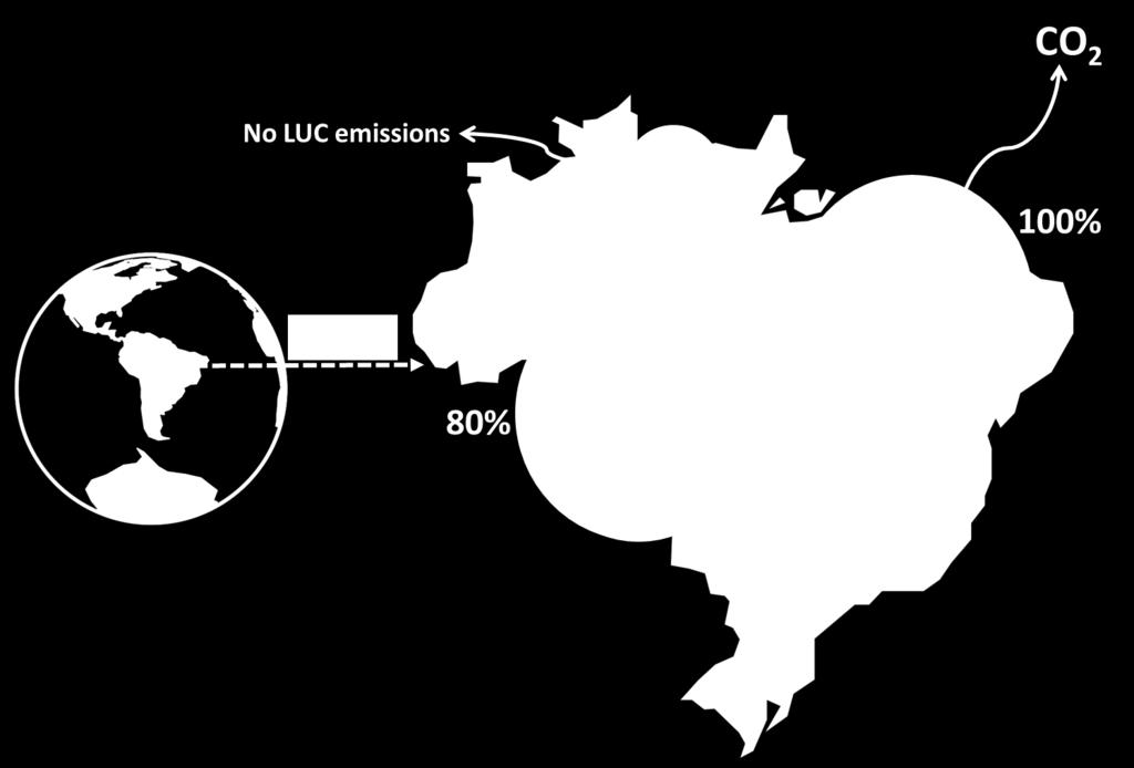 Figuur 3. Schematische weergave van CO2-emissies veroorzaakt door land use change. In dit voorbeeld van Brazilië is er een reductie van het totale bosoppervlak over de laatste 20 jaar.