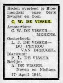 Courant van 20 april 1943 ( de Duitsers hadden het Haarlems Dagblad een publicatieverbod opgelegd) meldde het overlijden van de kolonel.