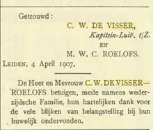 In de huwelijksakte wordt Carel Willem kapitein-luitenant ter zee genoemd, wonend in Hellevoetsluis. Zijn vader Eduard de Visser woont in Arnhem, zijn moeder is overleden.