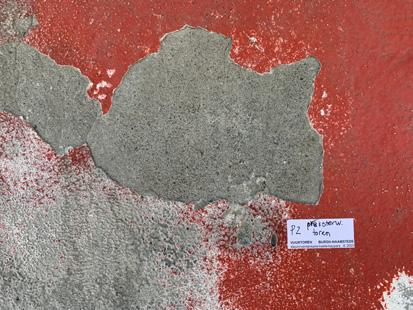 pleisterlagen, ook tussen de verflagen in 3 grijs pleisterlaag als 2, opgezet met grove kwastvegen in ronde bewegingen opgezet 2 grijs cementpleister, homogener,