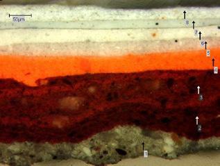 Microphotographs of the cross-section of the sample S11-1 in VIS light, 100x and 200x and in UV-fluorescence 100x and 200x Composition of the sample S11-1 Layer 1: Grey paint with white and black