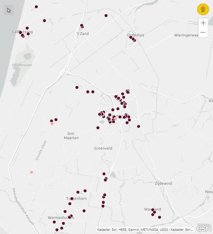 Figuur 4. Kaart uit Power BI met informatie uit het overzicht. De donkerrode punten zijn de verkochte objecten en de lichte punten geven de voorraad van gebouwen weer.