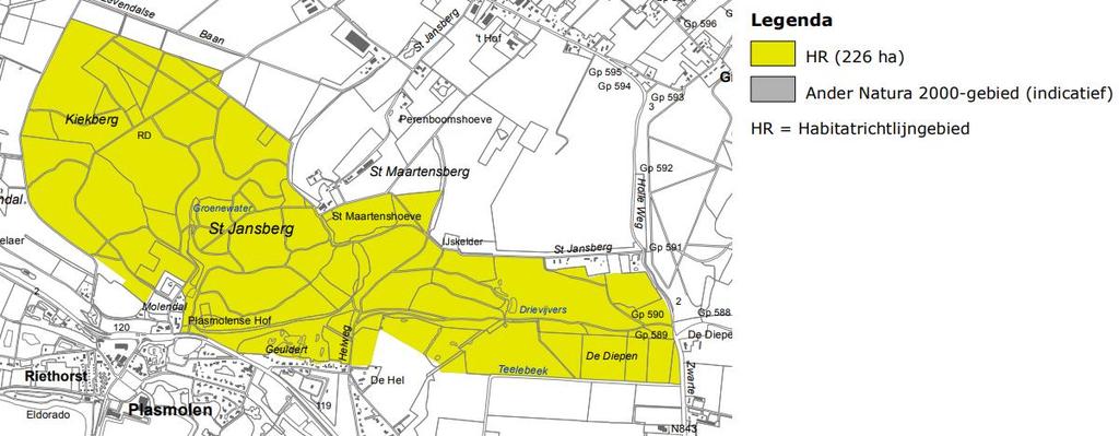 Beschrijving Natura 2000-gebied Sint Jansberg De onderzoekslocatie ligt binnen de invloedssfeer van het Natura 2000-gebied Sint Jansberg, op een afstand van circa 20,3 km.