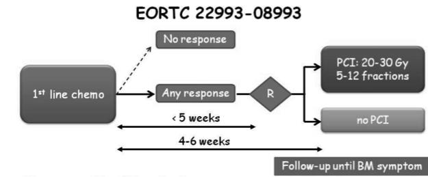 Lancet Oncol 2009 PCI: ED SCLC Slotman et al. NEJM 2007;357:664-72 EORTC fase III studie (286 pten)! 720 pten! standaard dosis (25 Gy in 10#) vs. hoge dosis ( 36 Gy in 18 or 24#)!