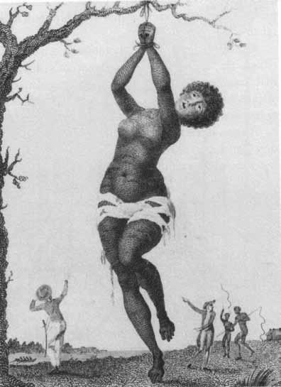 Geseling van slavin Johanna in het achttiende eeuwse Suriname. Van dit type misstanden is over Aruba weinig melding gemaakt.