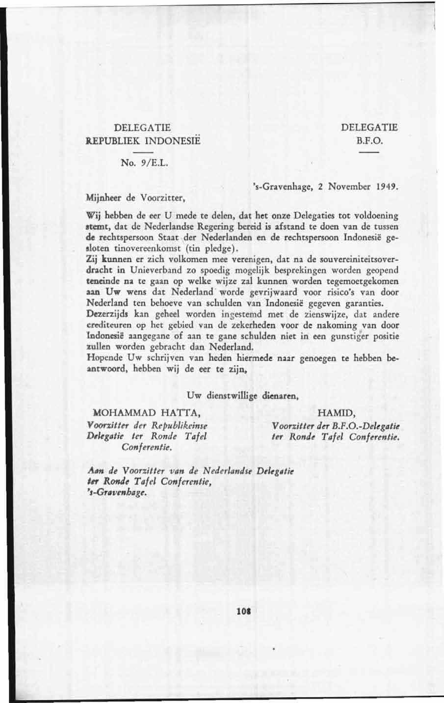 DELEGATIE lipubliek INDONESIE DELEGATIE B.F.O. No. 9/E.L. 's-gravenhage, 2 November 1949.