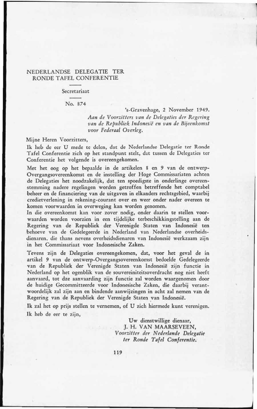 NEDERLANDSE DELEGATIE TER RONDE TAFEL CONFERENTIE Secretariaat No. 874 's-gravenhagc, 2 November 1949.