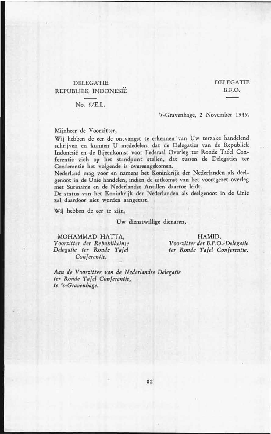 DELEGATIE REPUBLIEK INDONESIË No. 5/E.L. DELEGATIE B.F.O. 's-gravenhage, 2 November 1949.