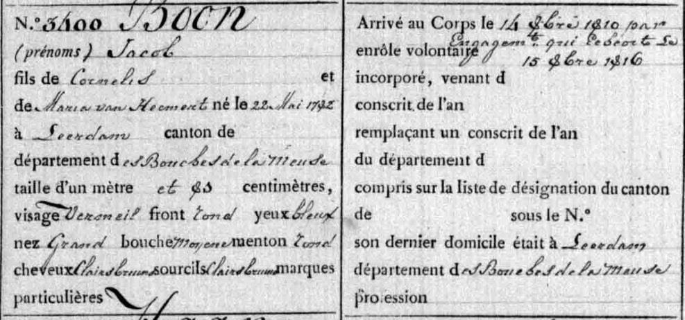 kolom Dates et Motifs staat niet veel vermeld, het belangrijkste dat we hier lezen is dat Jacob op 27 november 1812 bij de rivier de Berezina het leven gelaten heeft. Hij is 30 jaar oud geworden.