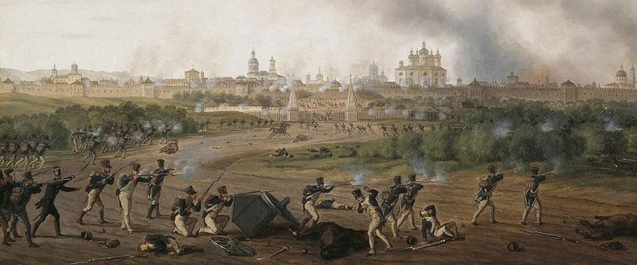 september 1809 in het 5 e regiment waarbij de veldtochten van 1810 en 1811 heeft meegemaakt. De Slag bij Smolensk in 1812 (schilderij van Adam Albrecht).