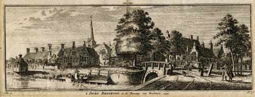 Benschop. Tekening van Jan de Beyer, 1744. Collectie Stadsmuseum IJsselstein. Het dorp Benschop stond bekend om zijn Oranjegezindheid.