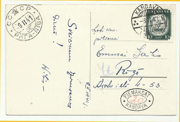 Afb. 12 Briefkaart van KANDAVA naar PИГA- RĪGA, 8-9 febr. 1941.