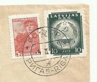 13b Gemengde frankering van een Sovjet- Letse postzegel van 10 sant.