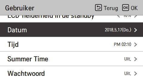 52 GEBRUIKSINSTELLING Datum Stel de datum in die moet worden weergegeven op de afstandsbediening.