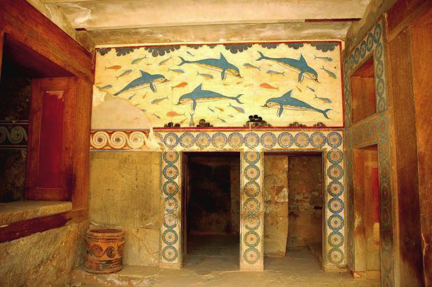Fresco met dolfijnen en andere zeedieren in het Megaron van de Koningin in
