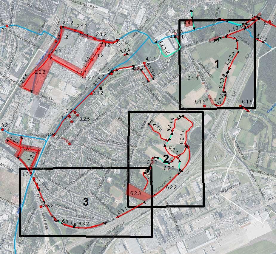 Figuur 146:situering deelzones wandelpad bosbuffer 4.3.7.1 Wandelpad van Sint-Martinuslaan tot Luchthavenlaan Deze zone bevat het wandelpad in de bosbuffer vanaf Peutiebos tot de Luchthavenlaan.