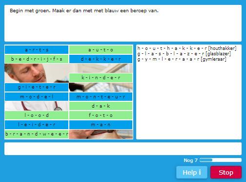 Dit is oefening A2. Het is een koppelpuzzel. Er moeten telkens twee woorden aan elkaar worden gekoppeld zodat een samenstelling ontstaat die de naam van een beroep is.