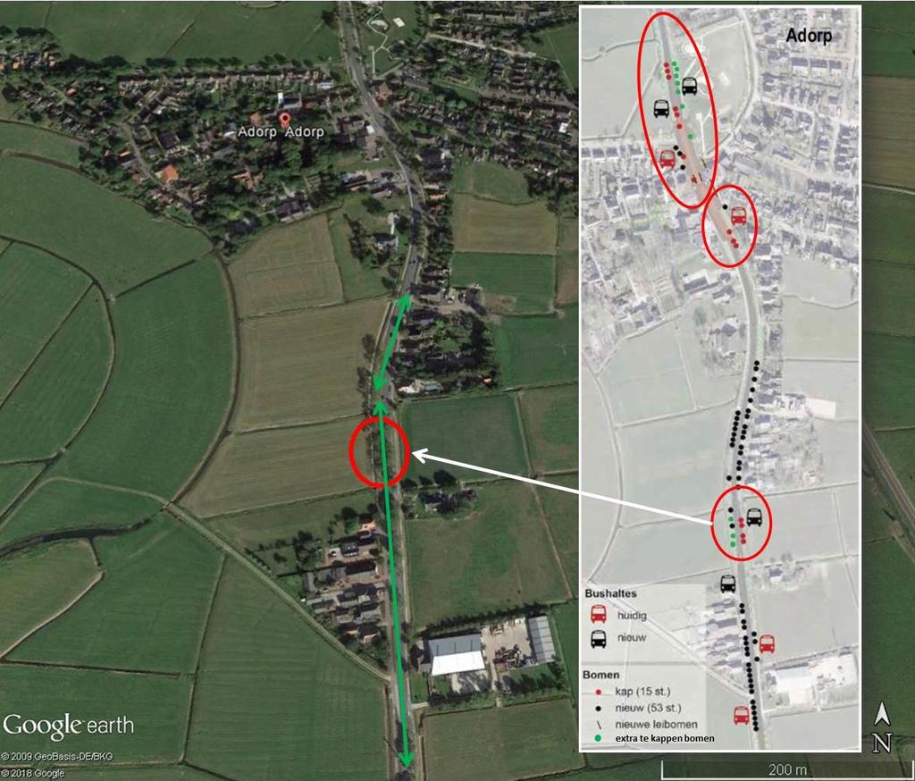 Figuur 9 Potentiele vliegroute vleermuizen (groene lijn) wordt onderbroken door kap bomen voor nieuwe bushaltes aan weerszijden van de weg (rode cirkel).