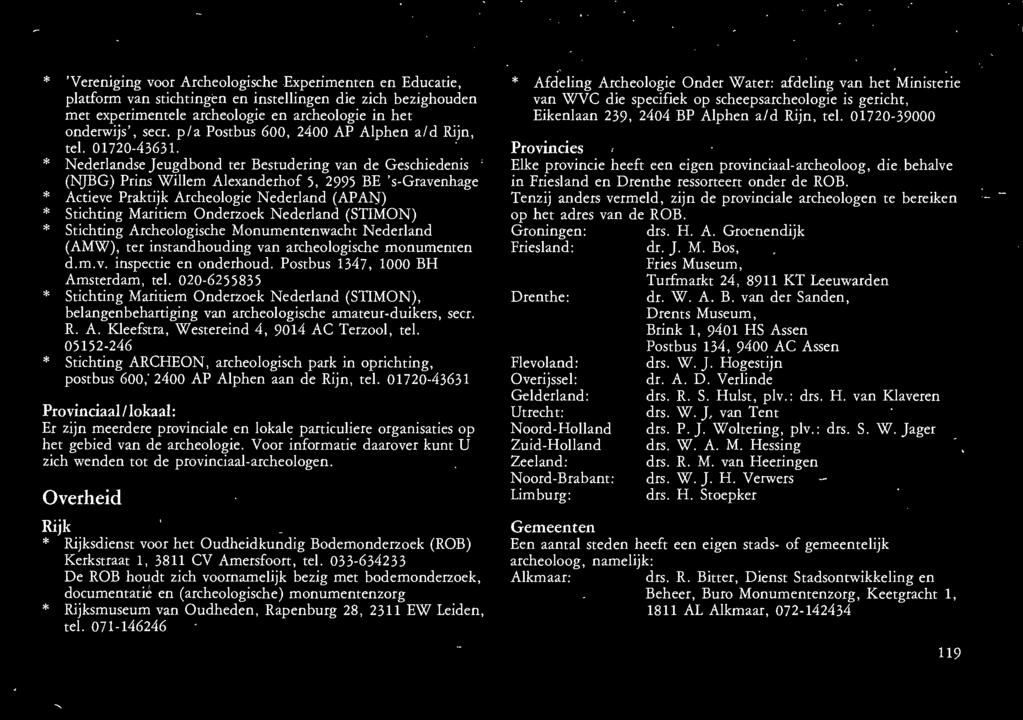 * Nederlandse Jeugdbond ter Bestudering van de Geschiedenis (NJBG) Prins Willem Alexanderhof 5, 995 BE s-gravenhage * Actieve Praktijk Archeologie Nederland (APAN) * Stichting Maritiem Onderzoek