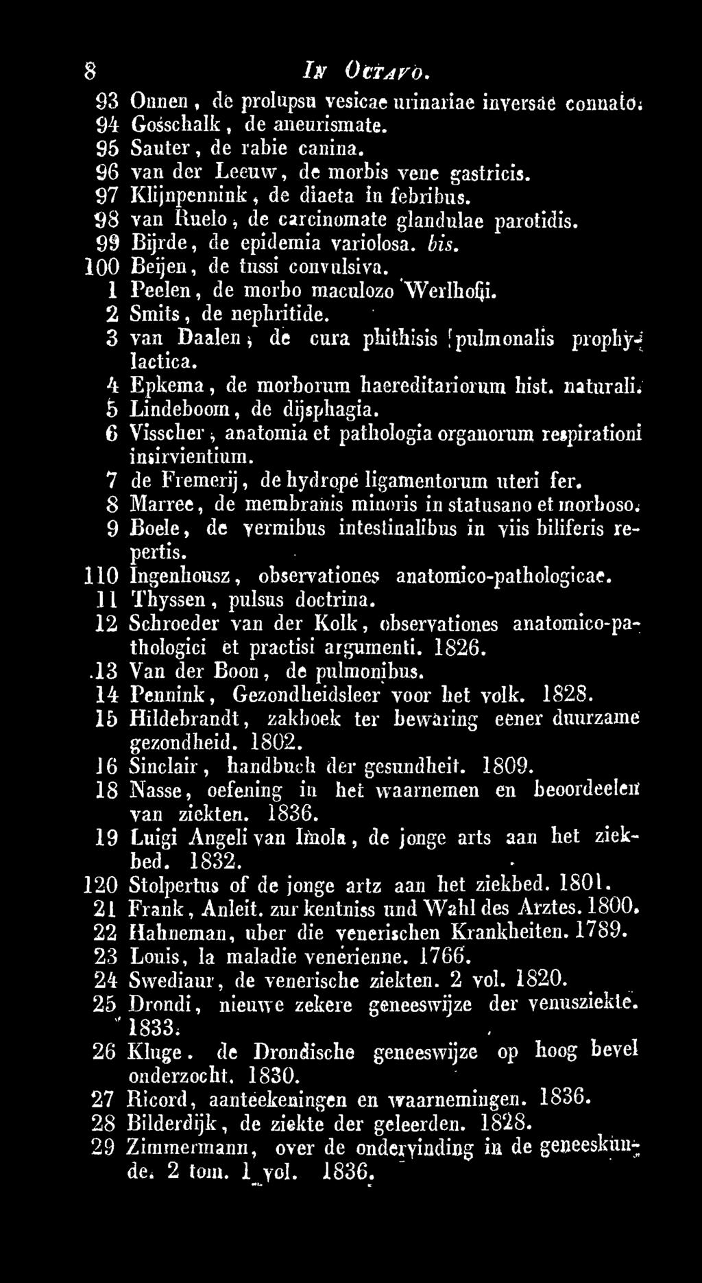9 Boele, de yermibus intestinalibus in viis biliferis repertis. 110 Ingenhousz, observationes anatomico-pathologicae. ] 1 Thyssen, pulsus doctrina.