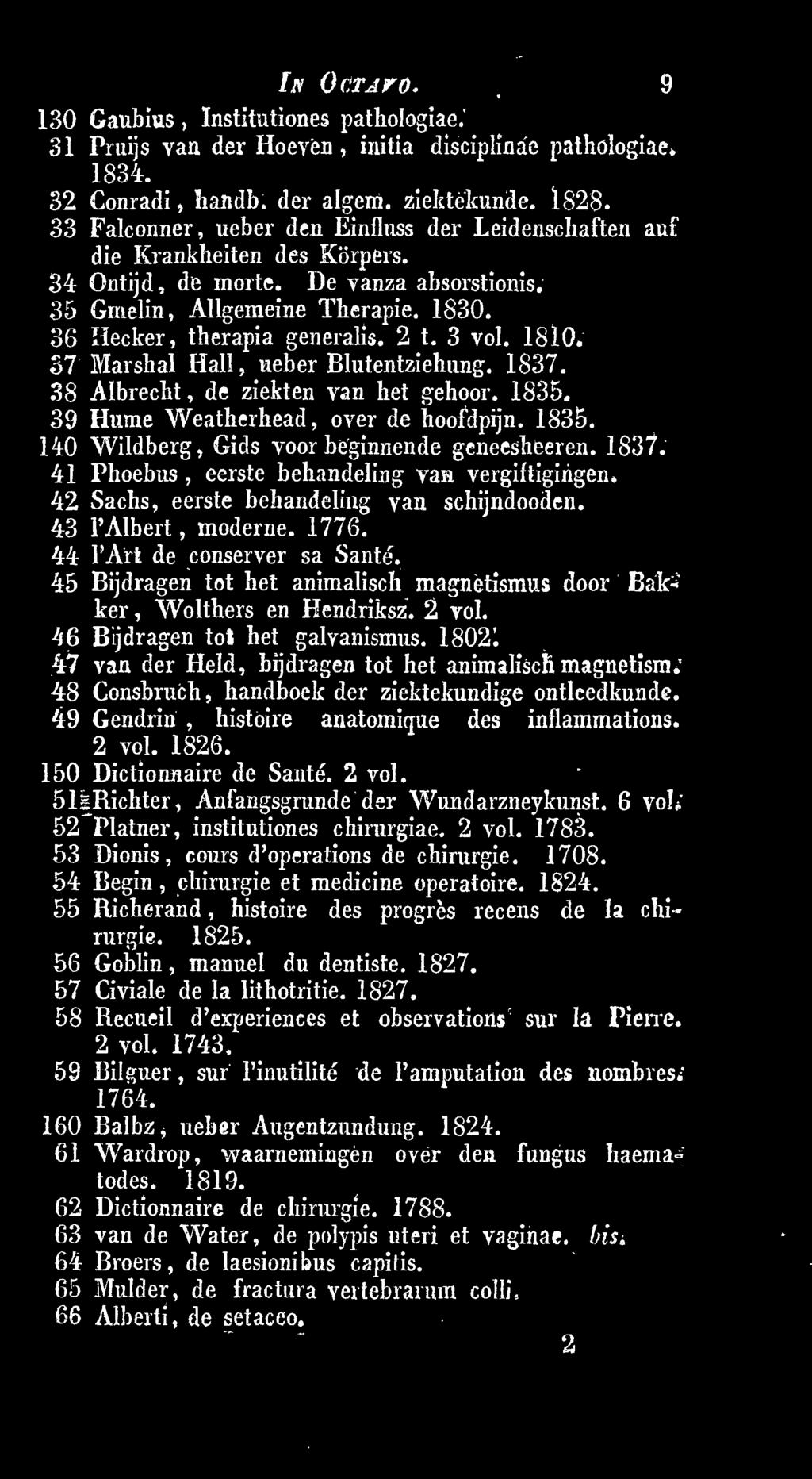 45 Bijdragen tot het animalisch magnetismus door Bakker, Wolthers en Hendriksz. 2 vol. 46 Bijdragen tot het galvanismus. 1802. 47 van der Held, bijdragen tot het animalisclimagnetism.