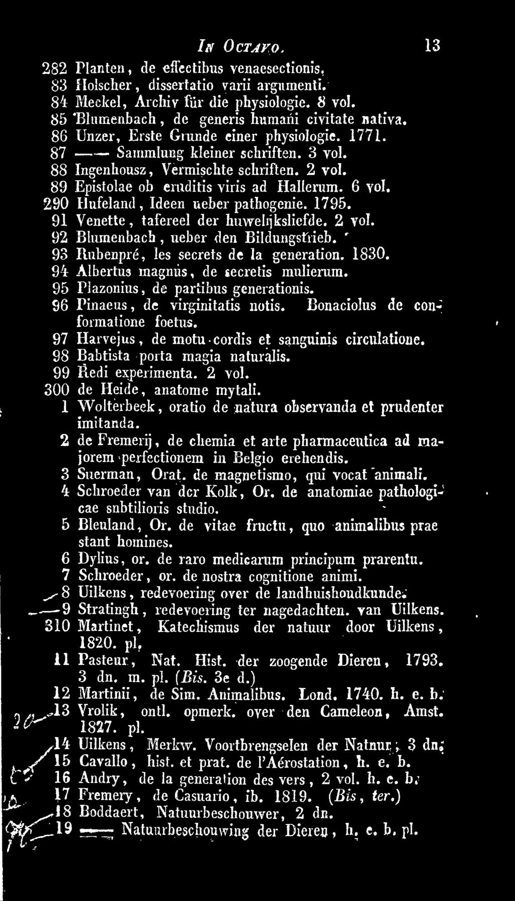 97 Harvejus, de motu cordis et sanguinis circulatione. 98 Babtista porta magia naturalis. 99 &edi experimenta. 2 vol. 300 de Heide, anatome mytali.