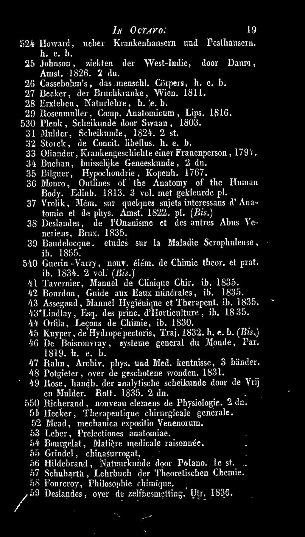 1835. 39 Baudelocque. etudes sur la Maladie Scrophuleuse ib. 1855. 540 Guerin-Varry, nouv. élém. de Chimie theor. et prat. ib. 1834. 2 vol. (Bis.) 41 Tavernier, Manuel de Clinique Chir. ib. 1835.