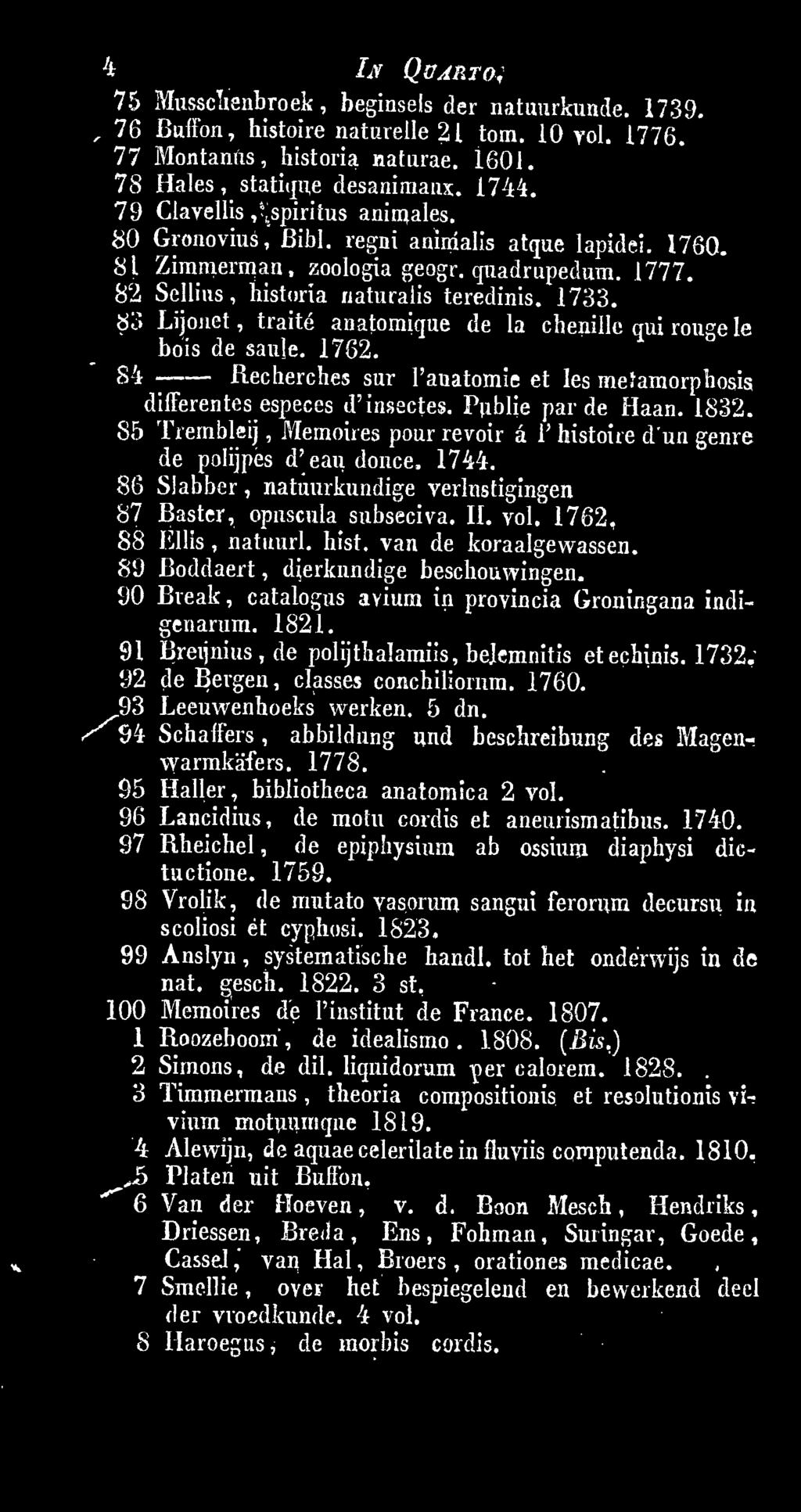 89 Boddaert, dierkundige beschouwingen. 90 Break, catalogus avium in provincia Groningana indigenarum. 1821. 91 Breijnius, de polijthalamiis, belemnitis etechinis.