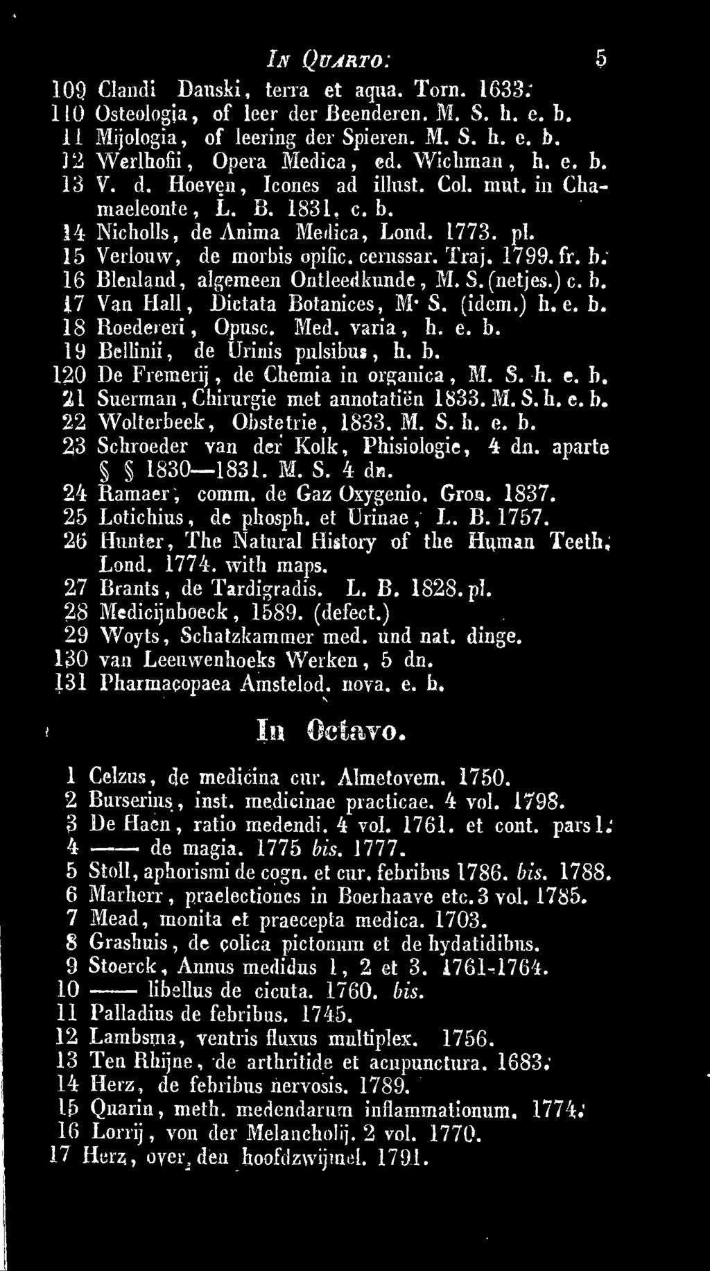 24 Ramaer, comm. de Gaz Oxygenio. Groa. 1837. 25 Lotichius, de phosph. et Urinae, L. B. 1757. 26 Hunter, The Natural History of tlie Human Teeth, Lond. 1774. with maps. 27 Brants, de Tardigradis. L. B. 1828.