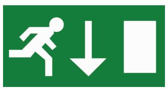 Nooduitgang: rennende figuur, pijl, deur (groen/ wit) Ruimten en hoogteverschillen zoals trappen, zijn voorzien van noodverlichting die