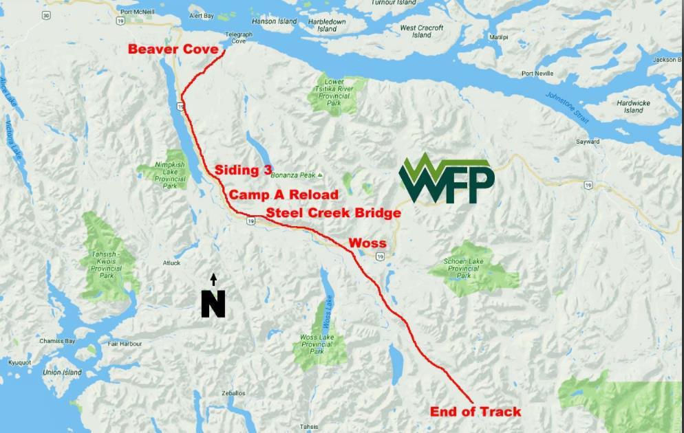De spoorlijn loopt vanaf Vernon Lake in het zuiden via het plaatsje Woss, langs Nimpkish Lake Provincial Park naar Beaver Cove in het noorden.