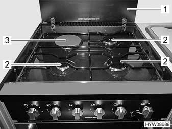 Inbouwapparatuur 9 Afb. 142 Fornuis met gaskookplaten en elektrische kookplaat Afb. 143 Bedieningselementen (keukenblok) Gaskookplaten Het fornuis is met 3 gaskookplaten (Afb. 142,2) uitgerust.