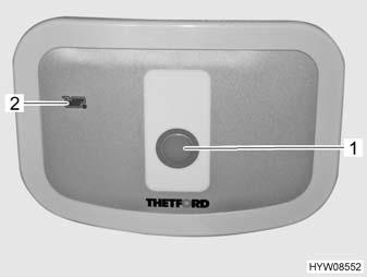 174 Spoelknop/controlelicht (Thetford-toilet) Het bedieningspaneel bevindt zich in de buurt van de toiletpot. Spoelen: Alvorens te spoelen de schuif van het Thetford-toilet openen.