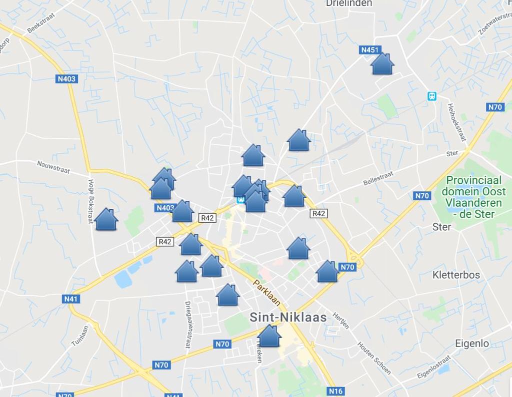 3.7 Erfgoed Figuur 21 - Clustering sociale huisvestingspatrimonium van SNMH (bron: google maps) Op basis van publieke datalagen van het AGIV kan een zicht bekomen worden op onroerend erfgoed.