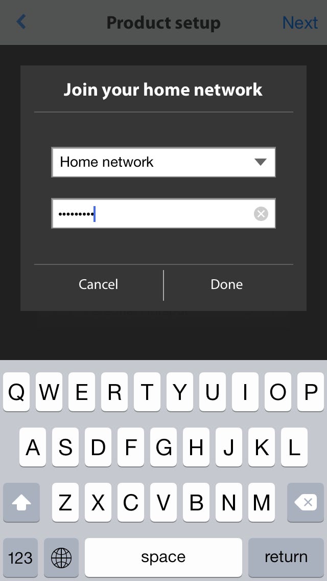 Selecteer het lege veld en typ het wachtwoord in voor uw thuisnetwerk. Wanneer u klaar bent drukt u op de toets "Done" (Gereed). Als geen wachtwoord nodig is, is het veld voor het wachtwoord grijs.