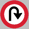 42. Rond bord; wit met rode rand en balk; zwarte naar rechts afbuigende pijl.