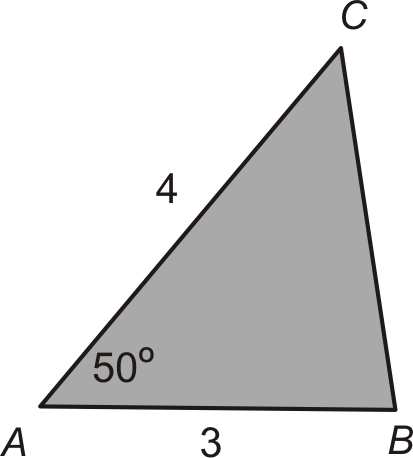 Voorbeeld Van driehoek ABC is gegeven: AB=3, AC=4 en BAC=50, zie plaatje. De vraag is om de derde zijde (BC) en de andere hoeken van de driehoek te berekenen.