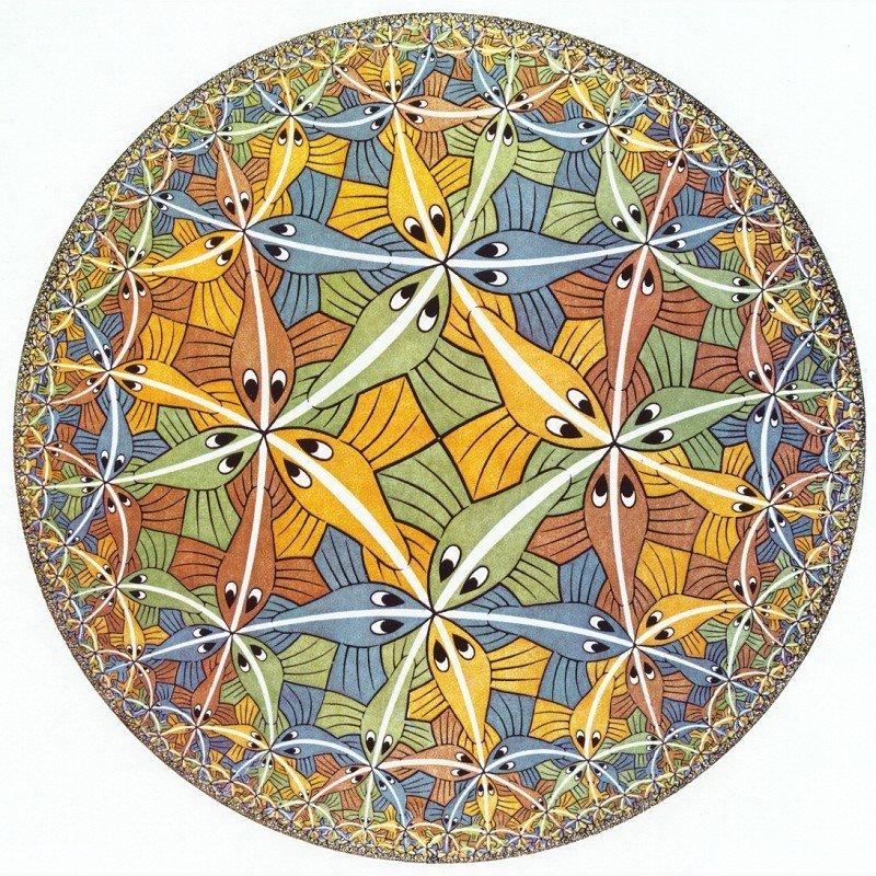 te bekijken. Een dergelijk interessant kunstwerk waarbij Escher gebruik heeft gemaakt van een hyperbolisch model is op de volgende pagina afgebeeld.