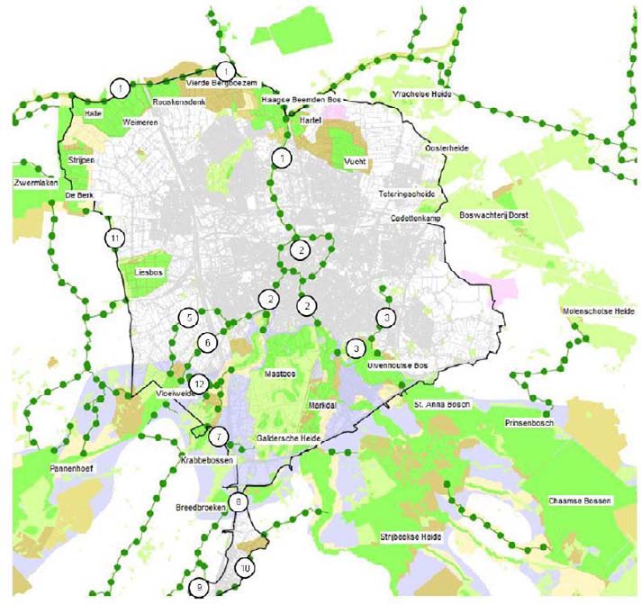 Op Afbeelding 23 is de Groene Hoofdstructuur rond Breda weergegeven. Op de kaart is te zien dat rond Breda een drietal grotere, min of meer aaneengesloten, natuurgebieden liggen.