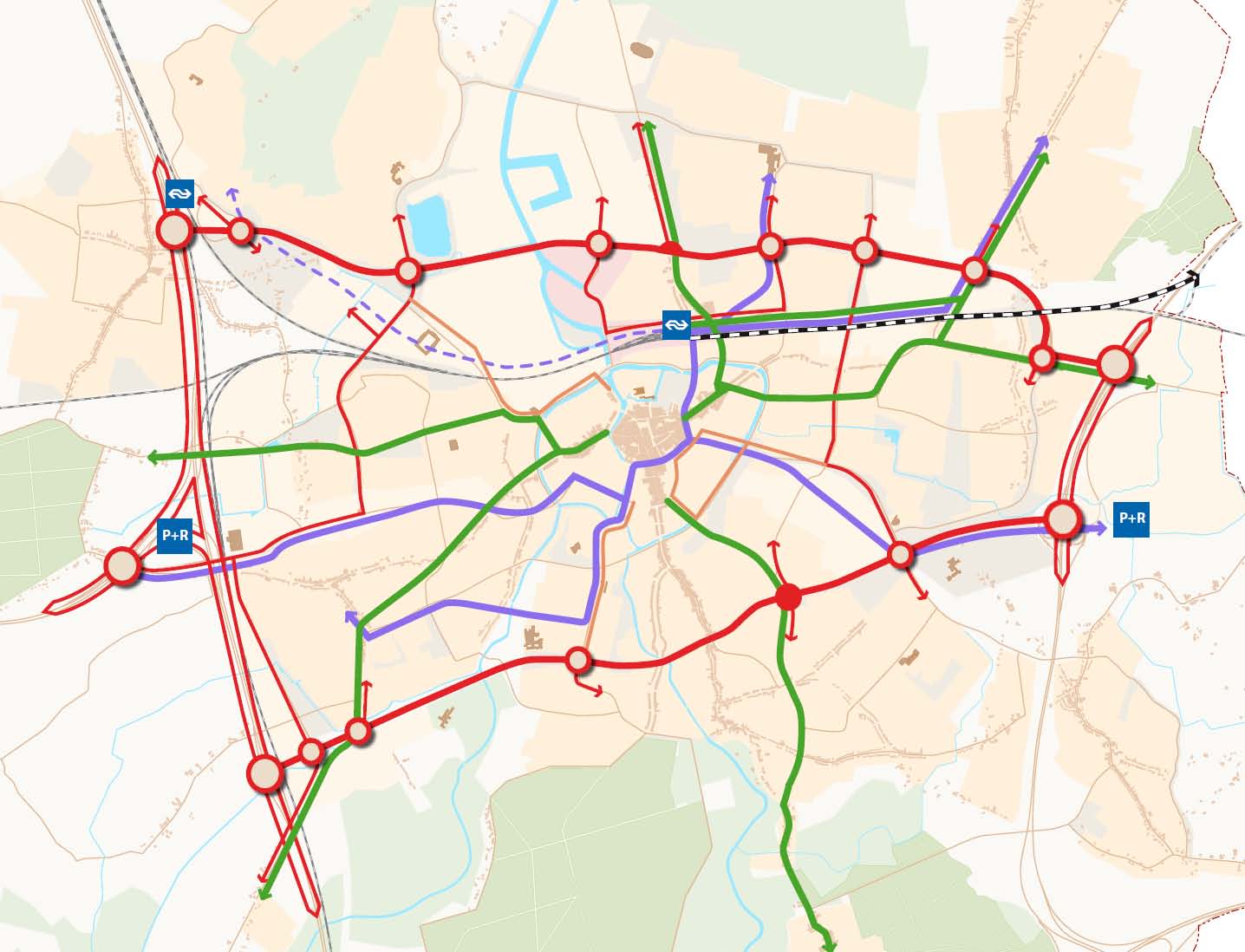 Afbeelding 39 Routestructuur MAB na 2030 (eindbeeld) Stedelijke tweedeling Binnen de MAB wordt onderscheid gemaakt tussen selectieve autobereikbaarheid en duurzame