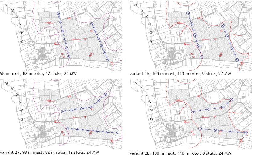 11) wordt bij het windpark aan de Papenkampseweg geplaatst. Met de twee uiteenlopende lijnopstellingen en de twee typen turbines ontstaan er vier modellen (figuur 4.12). Figuur 4.