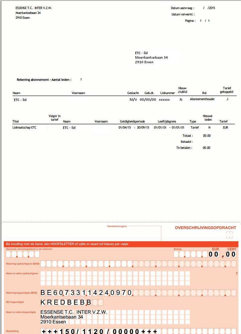 Bij voornoemde e-mail wordt een rekeningrapport meegezonden, zie onderstaand : Het aangegeven bedrag dient u over te schrijven naar het rekeningnummer van Essense Inter T.C.