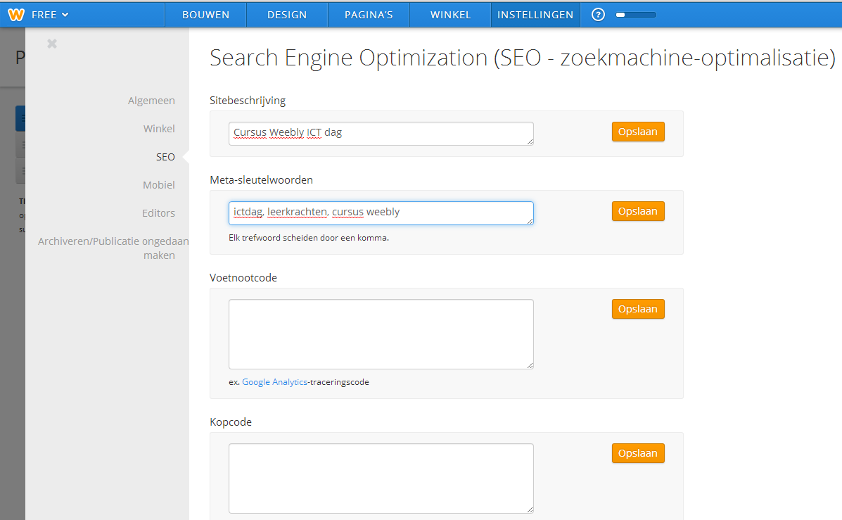 7.2 SEO Geef je site zeker een titel in het SEO (Search Engine Optimalisation) venster en geef de belangrijkste kernwoorden (meta-sleutelwoorden in). Hierdoor wordt je site sneller gevonden in google.